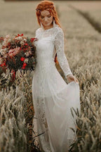 A-line Scoop Neck Backless Long Sleeves Beach Wedding Dresses WD703 by pgmdress