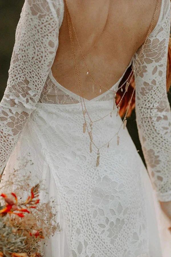 A-line Scoop Neck Backless Long Sleeves Beach Wedding Dresses WD703 by pgmdress