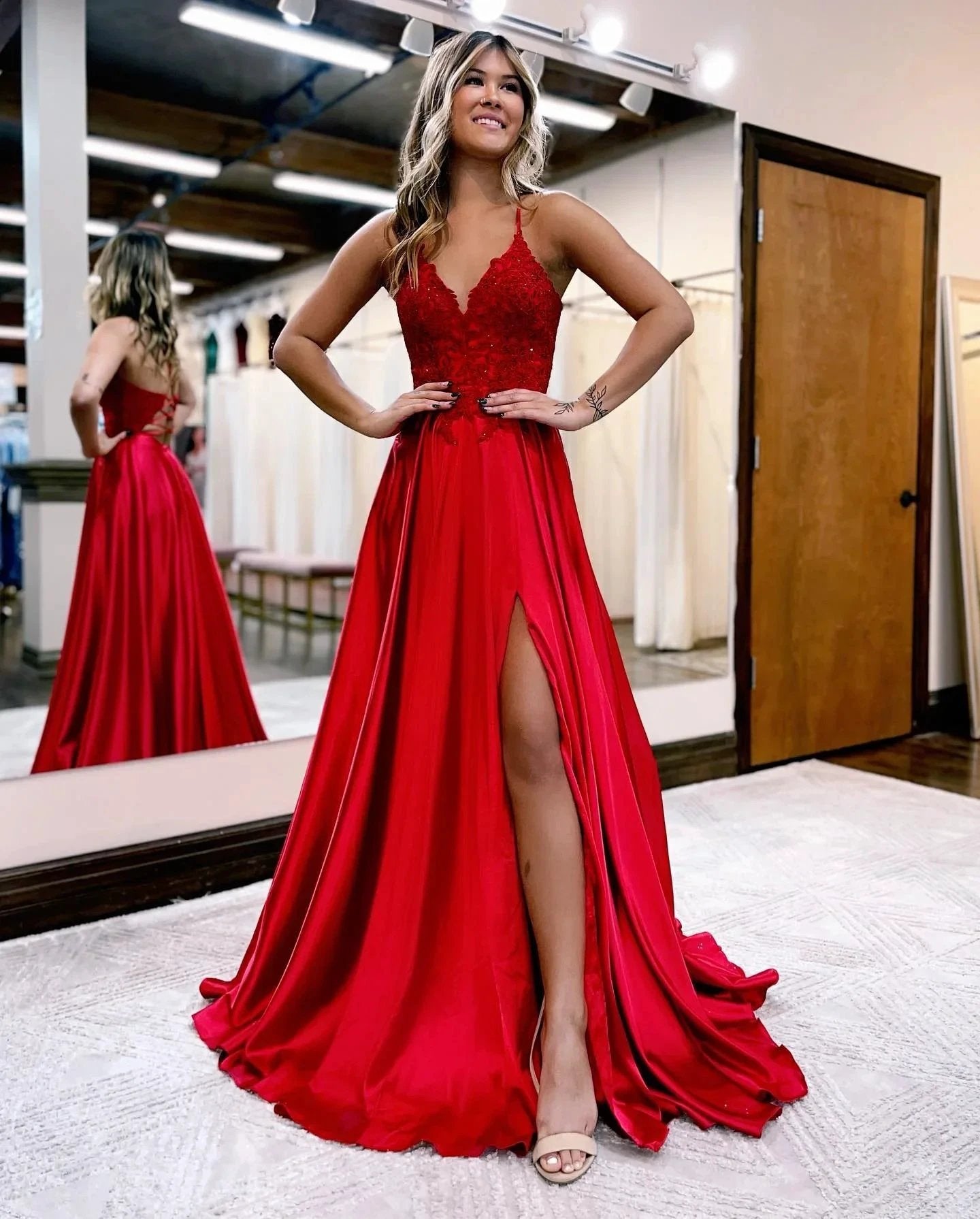 Sunnderly A-line Spaghetti Straps Corset Back Prom Dress With Split by KissProm