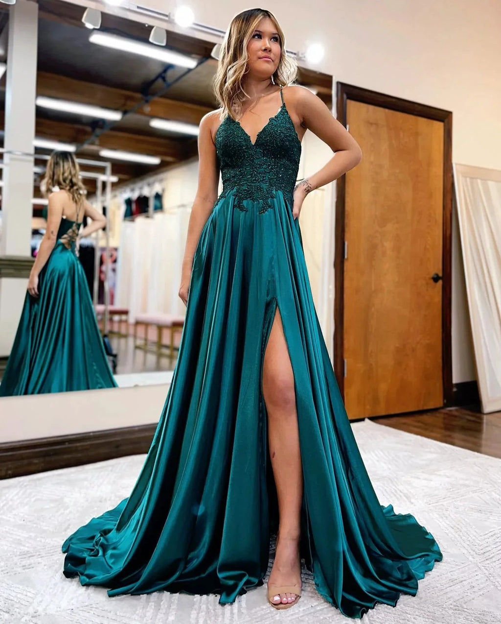 Sunnderly A-line Spaghetti Straps Corset Back Prom Dress With Split by KissProm