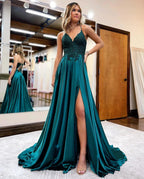 Sunnderly A-line Spaghetti Straps Corset Back Prom Dress With Split by KissProm