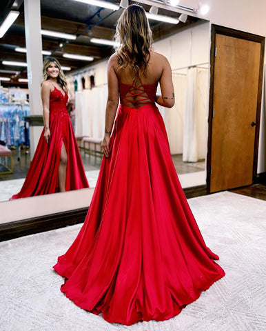 Vestido de fiesta Sunnderly de corte A con tirantes finos, espalda corsé y abertura