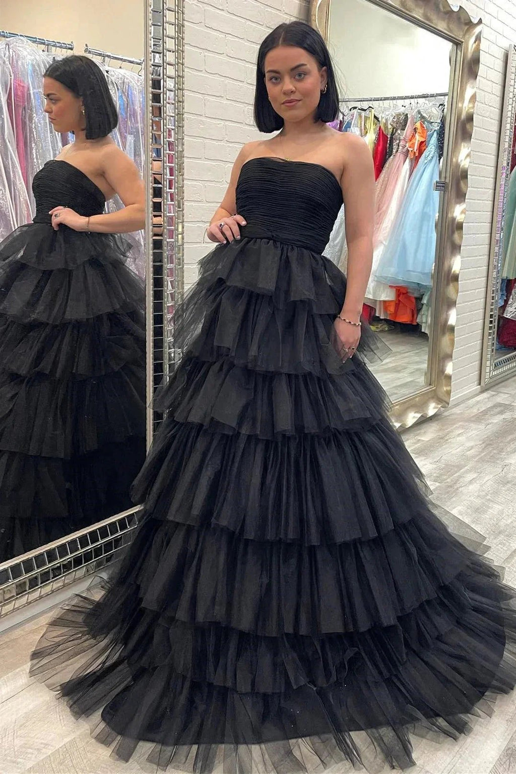 Strapless Pleated Multi-Layers Tulle Prom Dress SYP148 by vivymakudress