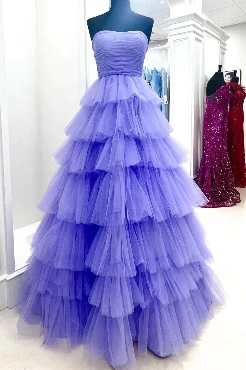 Strapless Pleated Multi-Layers Tulle Prom Dress SYP148 by vivymakudress