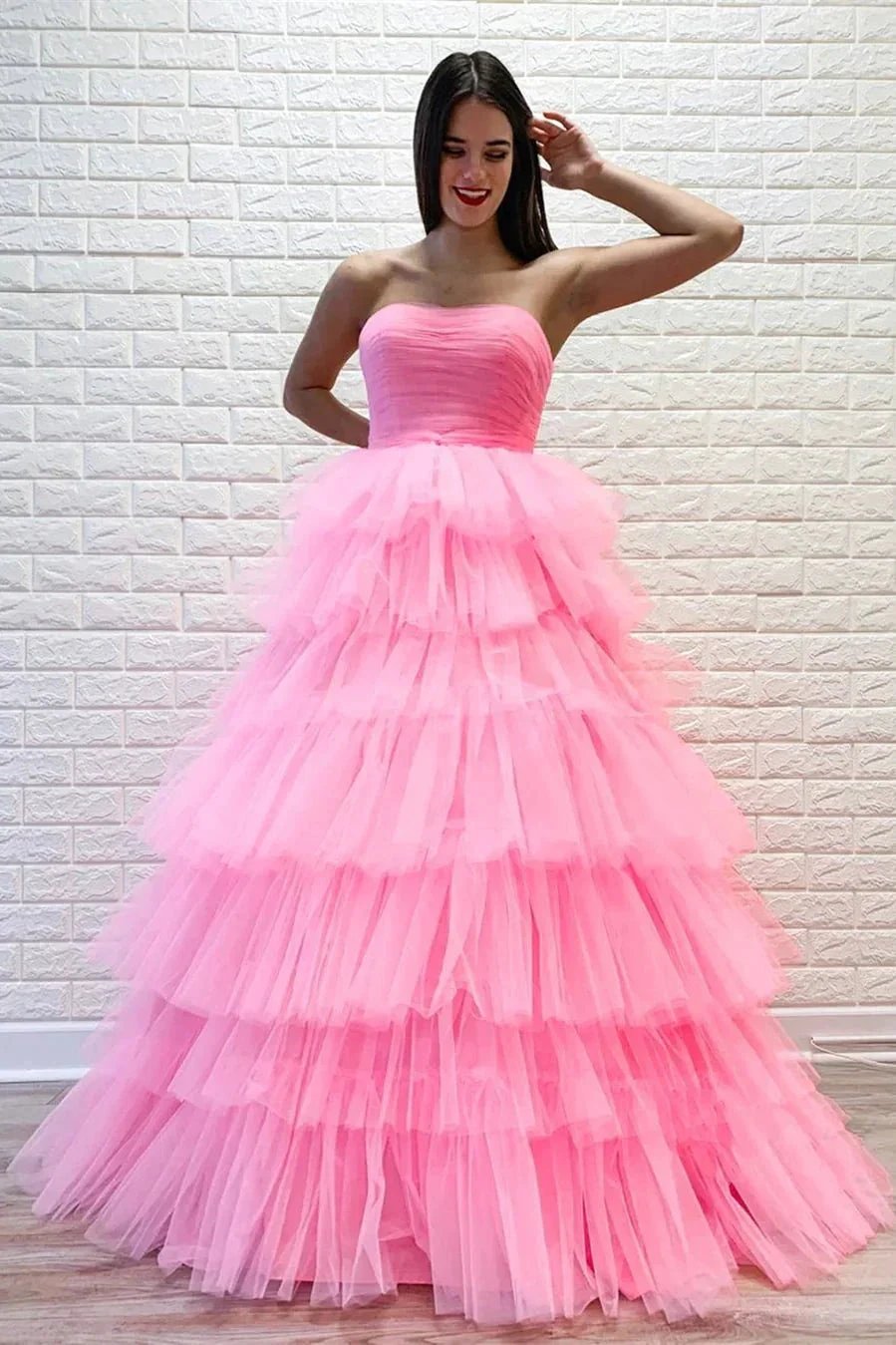 Strapless Pleated Multi-Layers Tulle Prom Dress SYP148 by vivymakudress