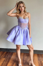 A-line Strapless Sheer Corset Bodice Lavender Homecoming Dress PD539 by pgmdress