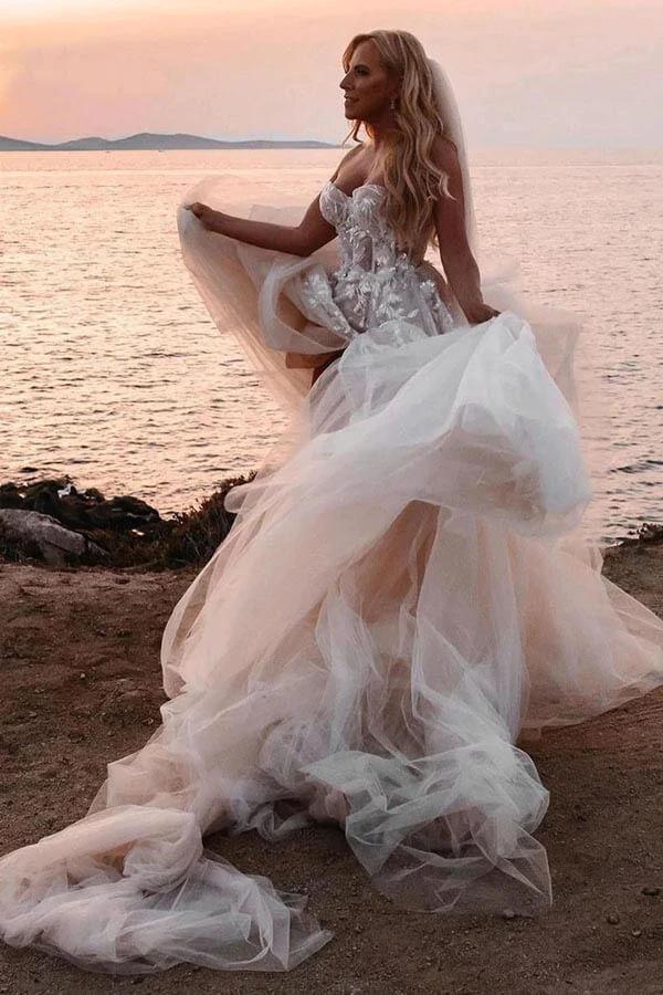 A-line Sweetheart Lace Appliques Boho Long Wedding Dress WD753 by pgmdress