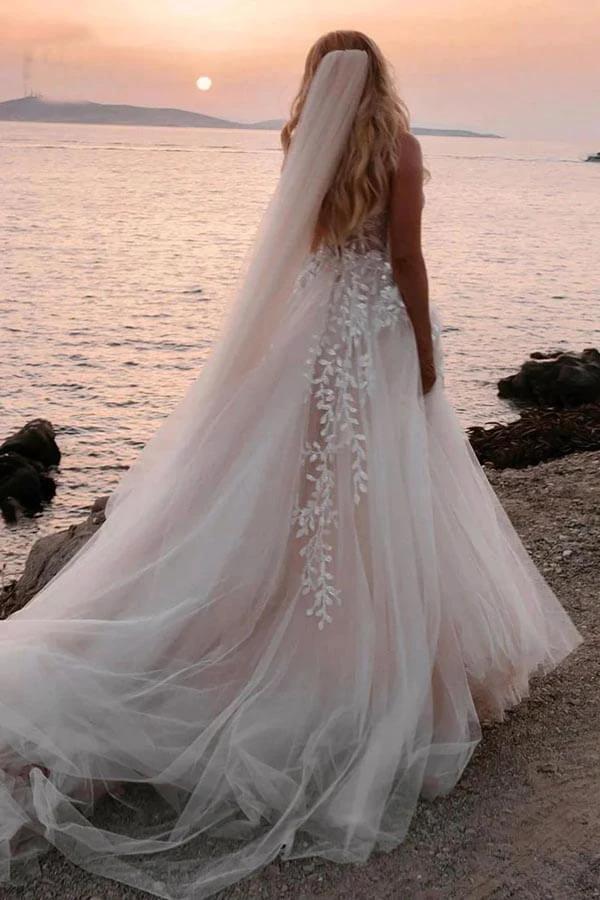 A-line Sweetheart Lace Appliques Boho Long Wedding Dress WD753 by pgmdress