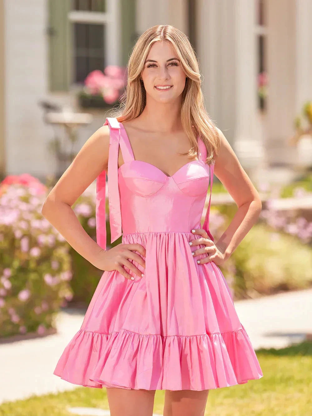 A-line Sweetheart Ruffled Homecoming Dress With Bow Straps SYH104 by vivymakudress