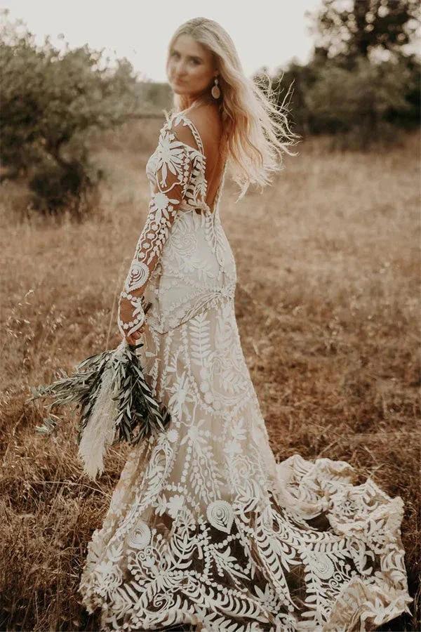 Sheath Unique Lace Long Sleeves Bohemian Wedding Dress WD752 by pgmdress