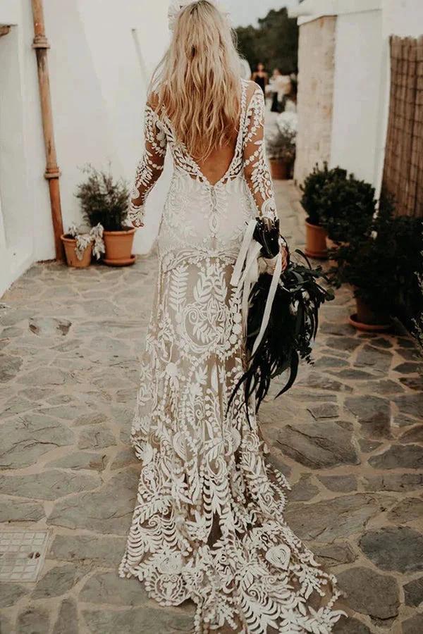 Sheath Unique Lace Long Sleeves Bohemian Wedding Dress WD752 by pgmdress