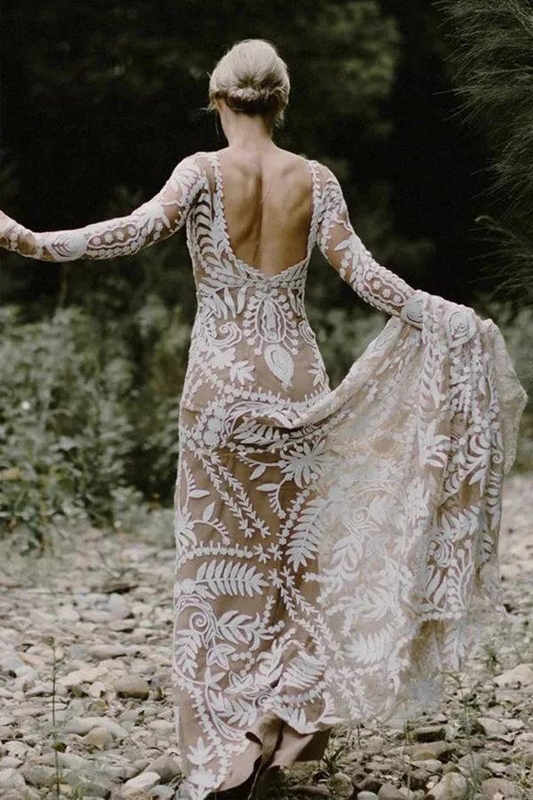 Sheath Unique Lace Long Sleeves Bohemian Wedding Dress WD752 by pgmdress