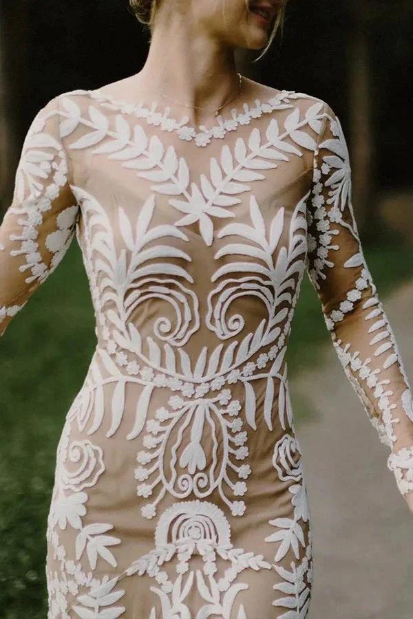 Sheath Unique Lace Long Sleeves Bohemian Wedding Dress WD752 by pgmdress