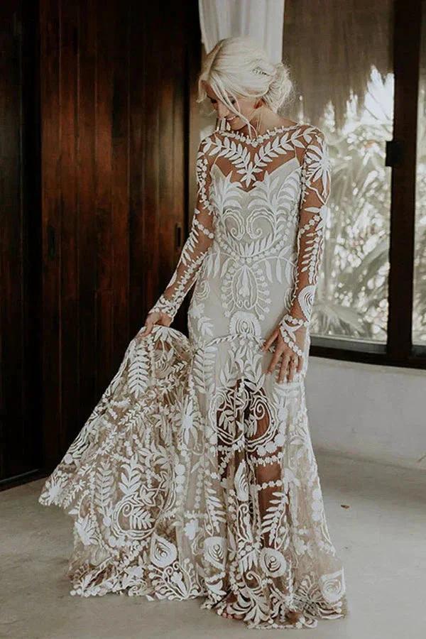 Sheath Unique Lace Long Sleeves Bohemian Wedding Dress WD752 by pgmdress