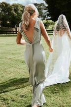 Sheath V-Neck Sage Green Bridesmaid Dresses with Bow Tie BD139 by pgmdress