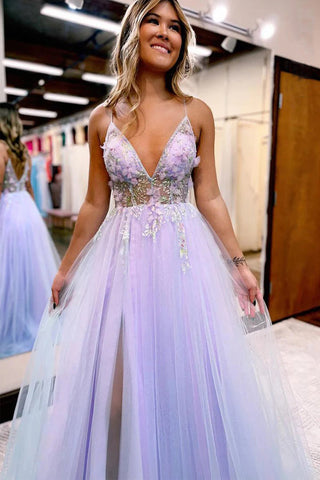 A-Linie V-Ausschnitt Spaghettiträger Schlitz Tüll Ballkleid PSK523