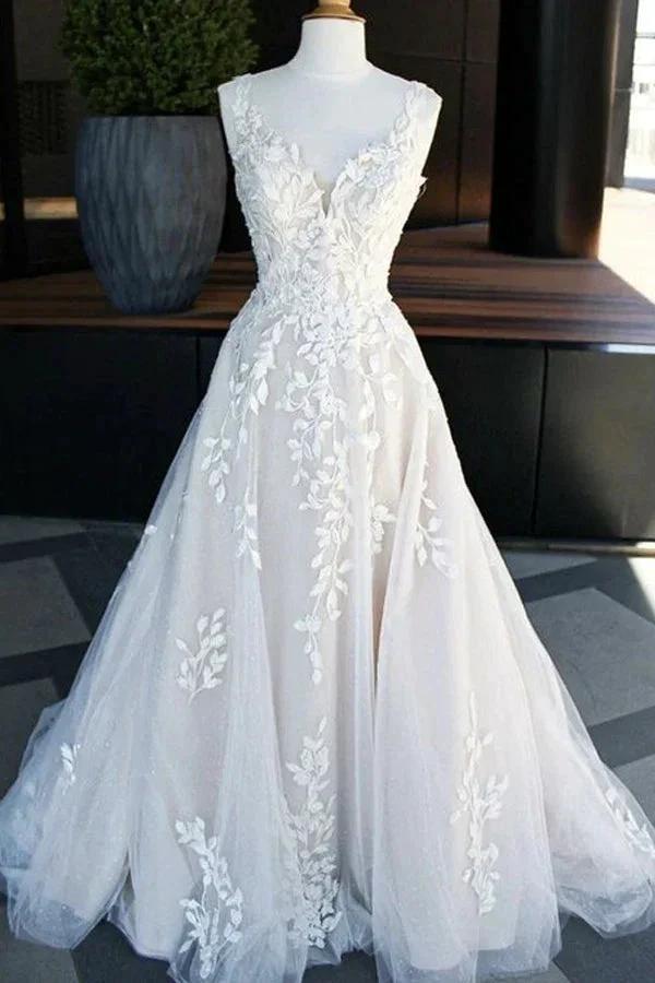 A-line V -neck Sweep Train Wedding Dresses With Lace Appliques WD698 by pgmdress