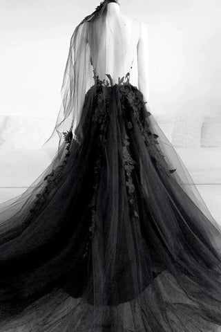 A-Linie V-Ausschnitt Schwarzes langes Ballkleid Blumen Abendkleid PSK431