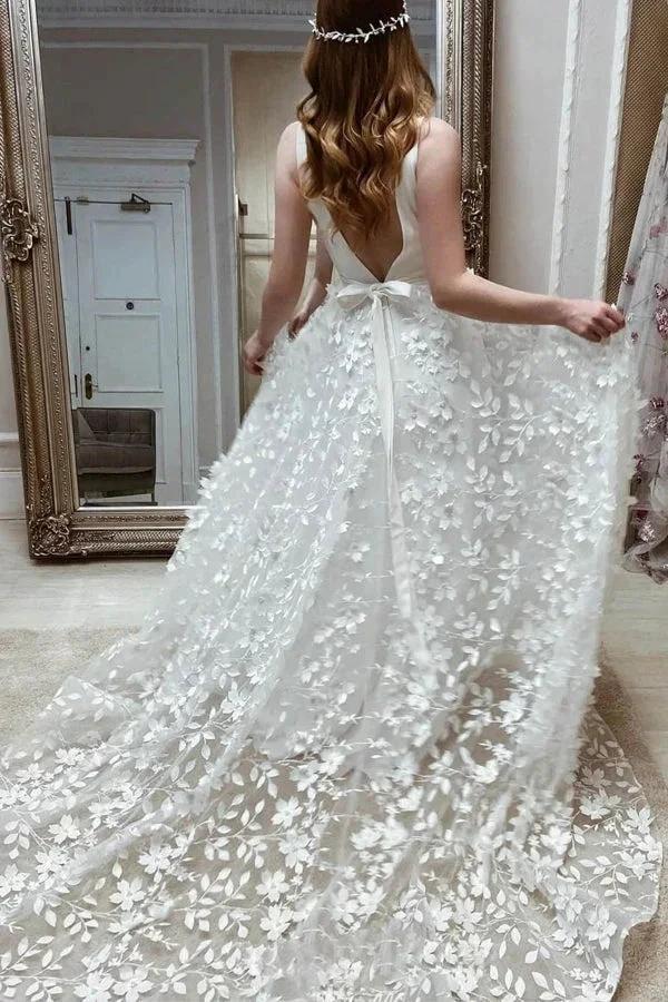 A-line V Neck Elegant Floral Lace Wedding Dresses WD697 by pgmdress