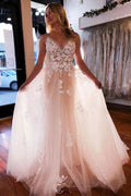 A-line V Neck Light Champagne Tulle Ivory Lace Wedding Dress WD595 by pgmdress