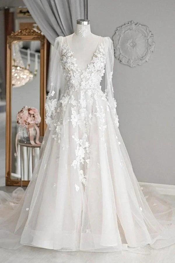 A-line V Neck Long Sleeves Ivory Tulle Wedding Dresses Bridal Gowns WD577 by pgmdress
