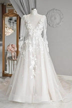 A-line V Neck Long Sleeves Ivory Tulle Wedding Dresses Bridal Gowns WD577 by pgmdress