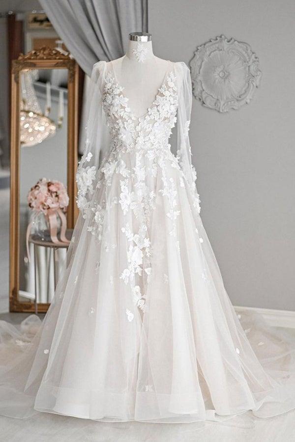 A-line V Neck Long Sleeves Ivory Tulle Wedding Dresses Bridal Gowns WD577 Main Image