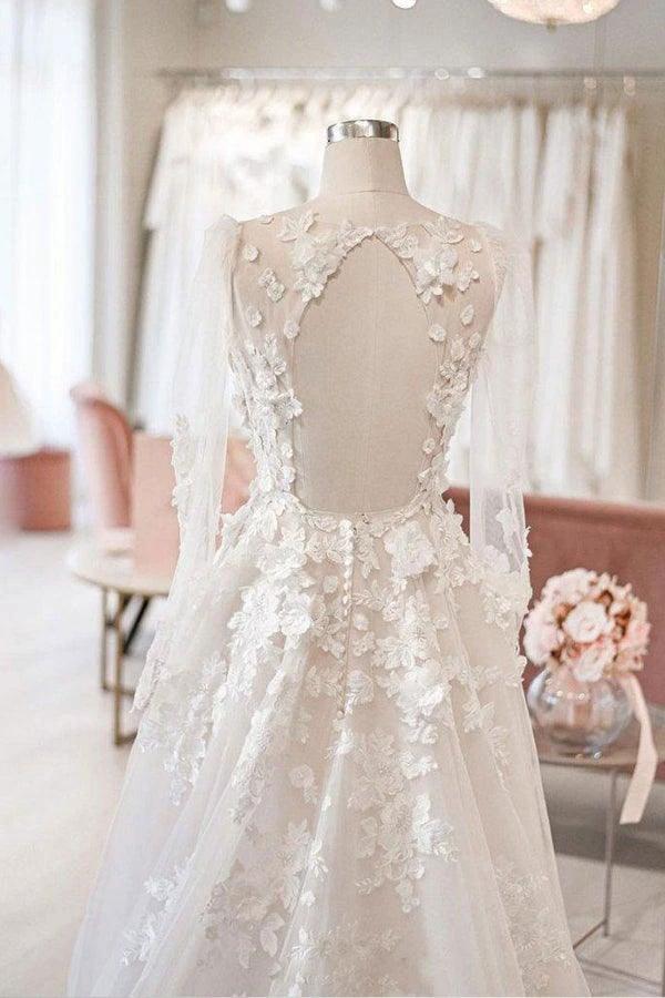 A-line V Neck Long Sleeves Ivory Tulle Wedding Dresses Bridal Gowns WD577 by pgmdress
