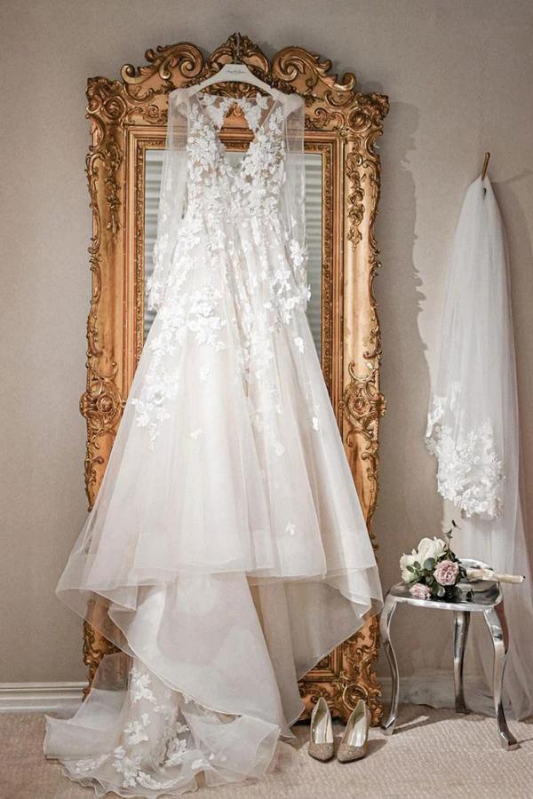 A-line V Neck Long Sleeves Ivory Tulle Wedding Dresses Bridal Gowns WD577 by pgmdress