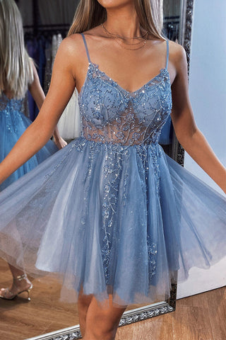 A-Linien-Heimkehrkleid mit V-Ausschnitt und Mini-Tüll und Perlen-Pailletten PD499