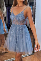 A-line V Neck Mini Tulle Homecoming Dress with Beading Sequins PD499 by pgmdress