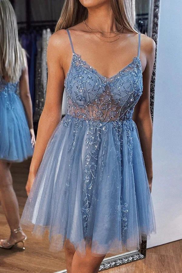 A-line V Neck Mini Tulle Homecoming Dress with Beading Sequins PD499 by pgmdress