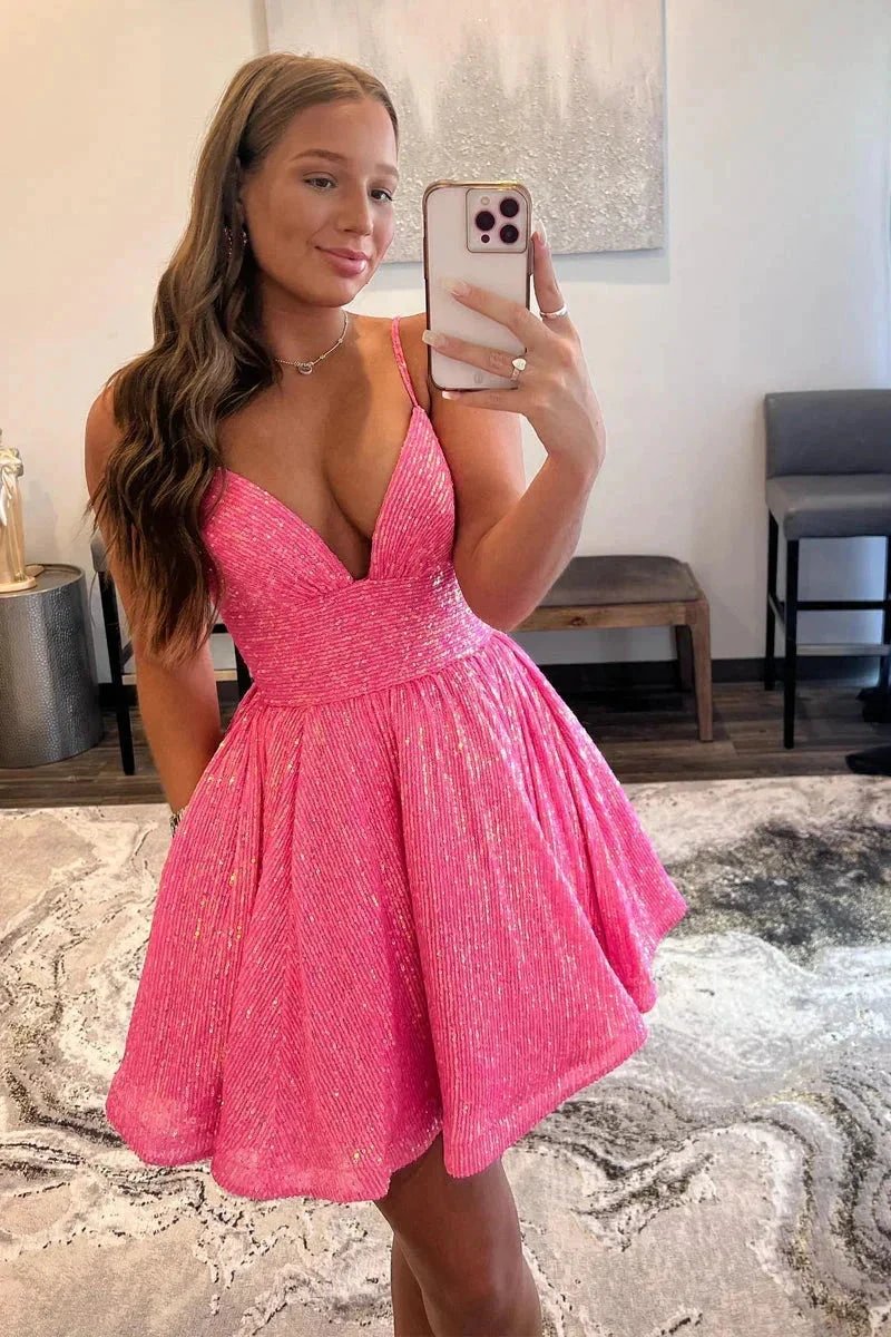 A-line V Neck Sequin Pink Homecoming Dresses Short Party Dresses PD489 by pgmdress