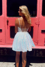A-line V Neck Sequin Pink Homecoming Dresses Short Party Dresses PD489 by pgmdress