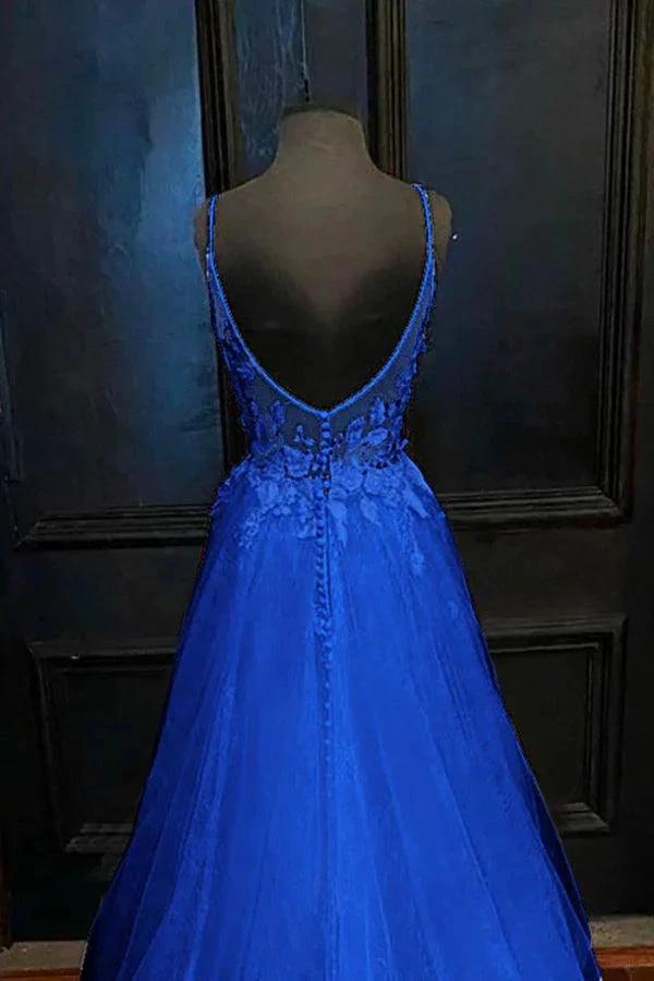 A-line V Neck Straps Tulle Royal Blue Prom Dress With Appliques PSK388 by pgmdress
