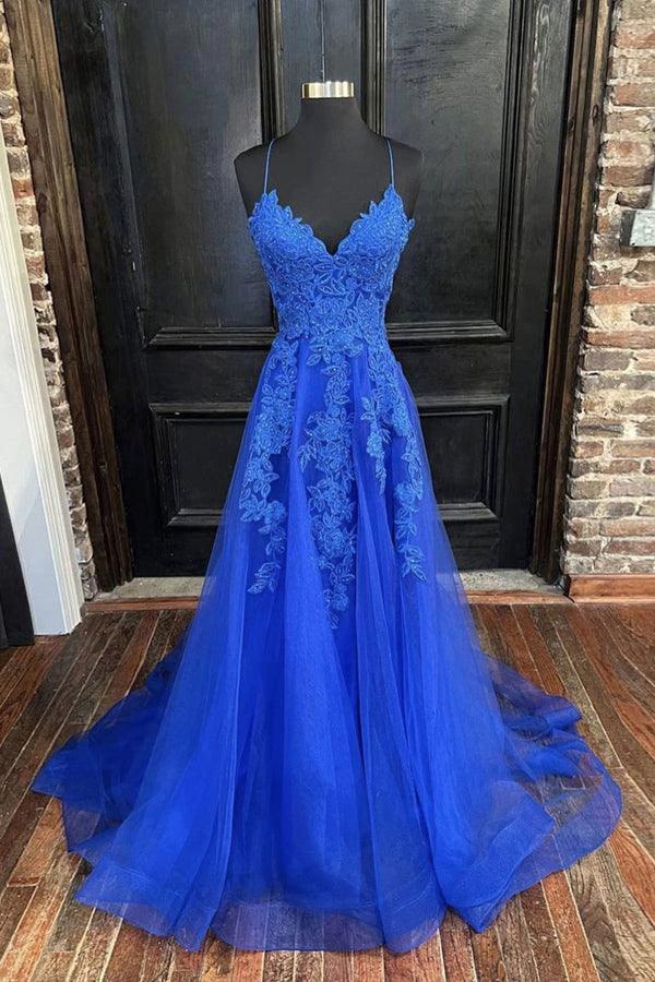 A-line V Neck Straps Tulle Royal Blue Prom Dress With Appliques PSK388 by pgmdress
