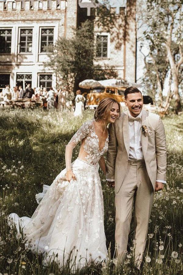 A-Linie Lange Ärmel Brautkleider Spitze V-Ausschnitt Brautkleider WD584 Main Image