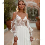 ZapDress Spaghetti Strap Chiffon Wedding Dresses for Bride A Line Boho Beach Bridal Dresses with Puff Sleeves Customized