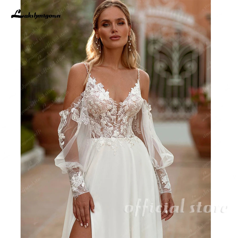 ZapDress Spaghetti Strap Chiffon Wedding Dresses for Bride A Line Boho Beach Bridal Dresses with Puff Sleeves Customized