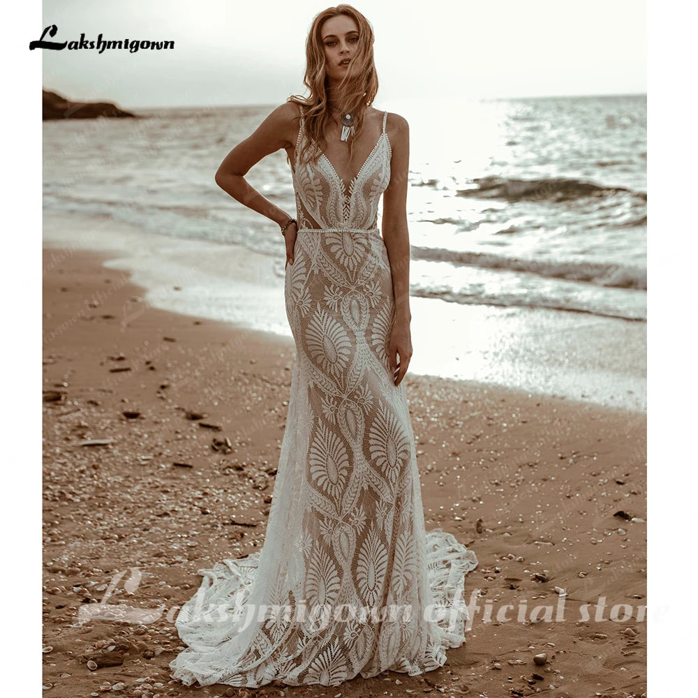 ZapDress Plunging V Bohemian Mermaid Wedding Dress Lace Champagne Bridal Gown Vintage Backless Spaghetti Straps Customized