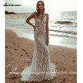 ZapDress Plunging V Bohemian Mermaid Wedding Dress Lace Champagne Bridal Gown Vintage Backless Spaghetti Straps Customized