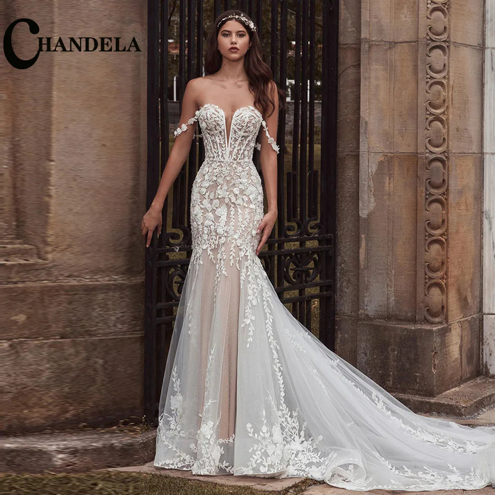 CHANDELA Elegant Off Shoulder Wedding Dress Sweetheart Mermaid Tulle Lace Appliques Sweep Train Vestidos De Novia Customised