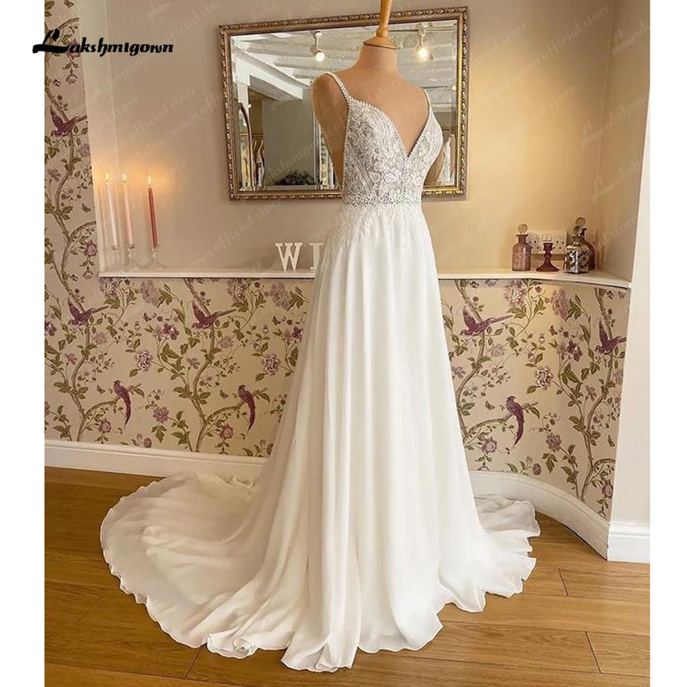 ZapDress Chiffon A Line Beach Wedding Dress Lace Illusion Spaghetti Straps Wedding Gown Open Back Bridal Gown Customized