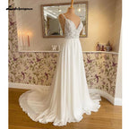 ZapDress Chiffon A Line Beach Wedding Dress Lace Illusion Spaghetti Straps Wedding Gown Open Back Bridal Gown Customized