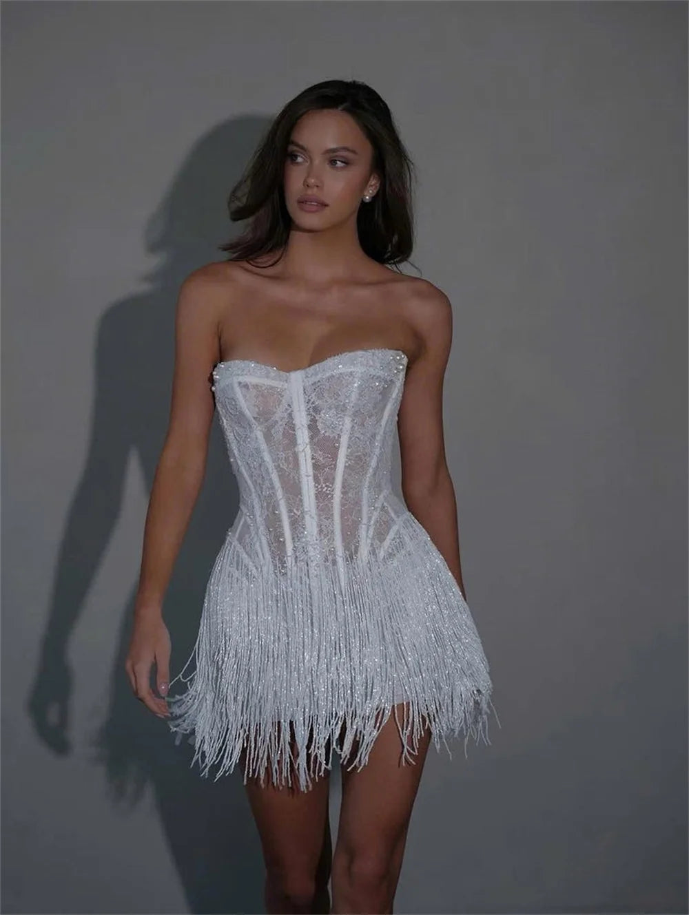 Kyoto Customized White Lace Tassel Mini Wedding Dress Strapless Sheath vestidos de noiva Lace-up Back After Party Dresses 2025