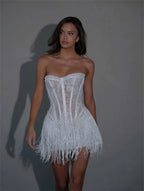Kyoto Customized White Lace Tassel Mini Wedding Dress Strapless Sheath vestidos de noiva Lace-up Back After Party Dresses 2025