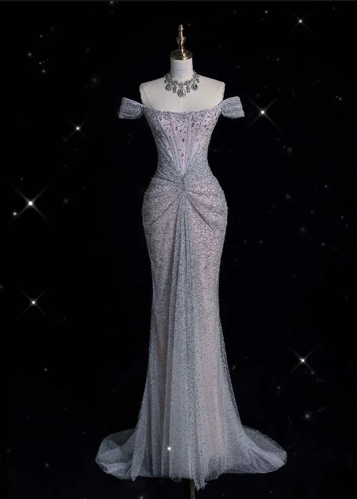Sparkly Lilac Tulle Beaded Mermaid Off The Shoulder Evening Dress Long Prom Dress Y8054 by simplepromdress