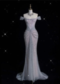 Sparkly Lilac Tulle Beaded Mermaid Off The Shoulder Evening Dress Long Prom Dress Y8054 by simplepromdress