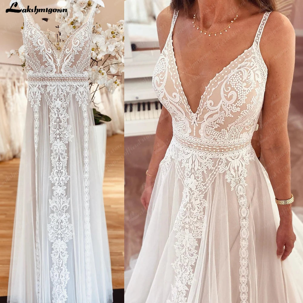 ZapDress Plunging V Bohemian Wedding Dress Customized Vestido Noiva Summer A Line Boho Wedding Gown V Neck Lace Open Back