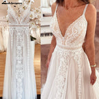 ZapDress Plunging V Bohemian Wedding Dress Customized Vestido Noiva Summer A Line Boho Wedding Gown V Neck Lace Open Back